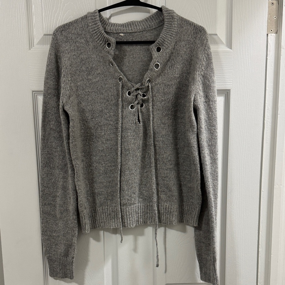 Gray Lace-Up Women's Sweater